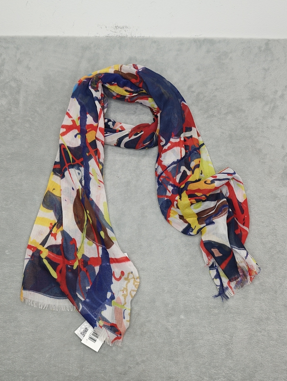 V. FRAAS Multicolor Abstract Paint-Print Scarf with Navy, Red & Yellow